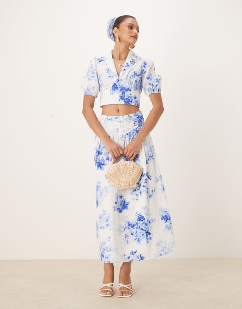 Nobody's Child Madalena a-line midi skirt in blue and white (part of a set) - view 1