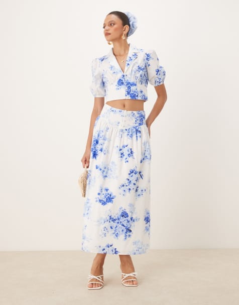 Nobody's Child Madalena A-line midi skirt in blue and white - part of a set - view 1