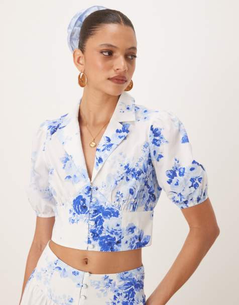 Nobody's Child Madalena crop blouse co-ord in blue and white