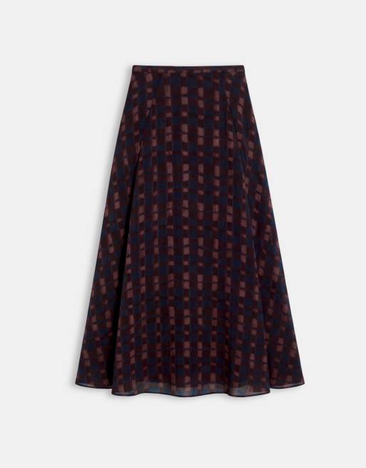 Nobody's Child Madden chiffon pleated volume maxi skirt in blue and burgundy check, 7 of 9