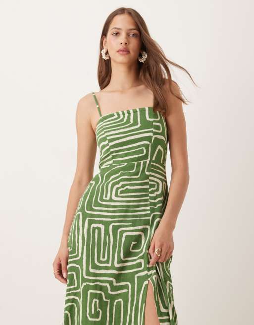 Nobody's Child Maddie square neck strappy midi dress in green swirl | ASOS