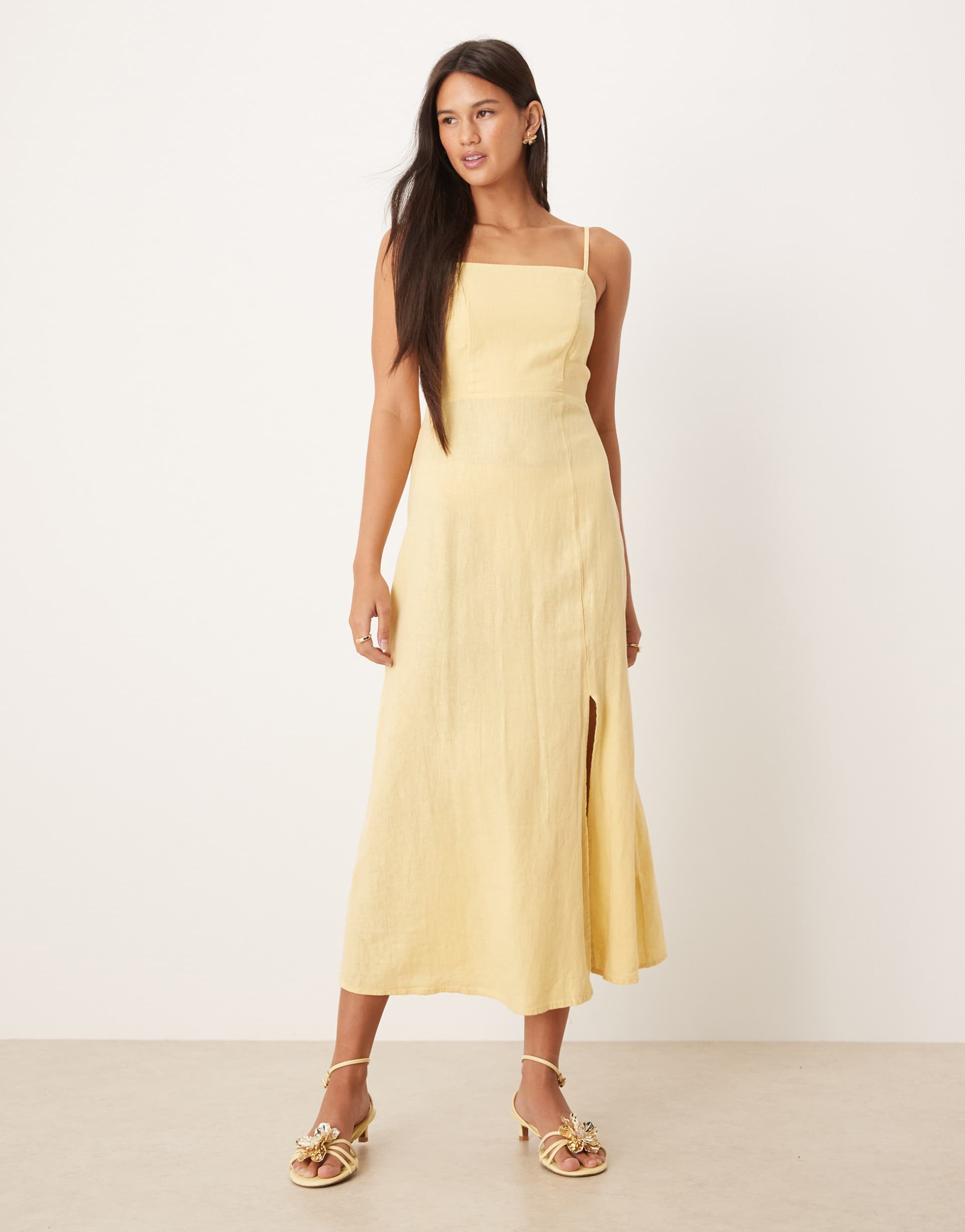 nobody's child maddie square neck strappy midi dress in yellow