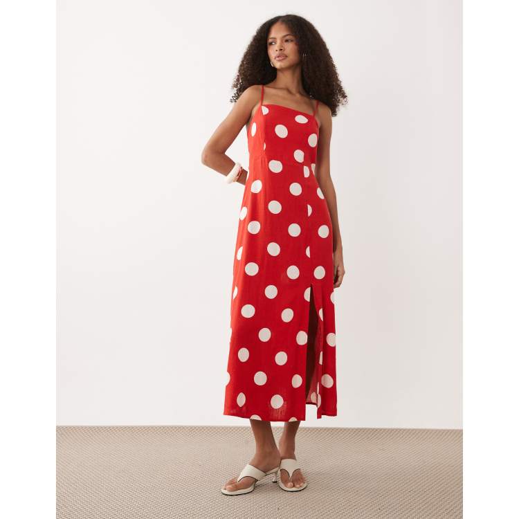 Nobody's Child Maddy linen rich smocked back cami midi dress in red polka  dots | ASOS