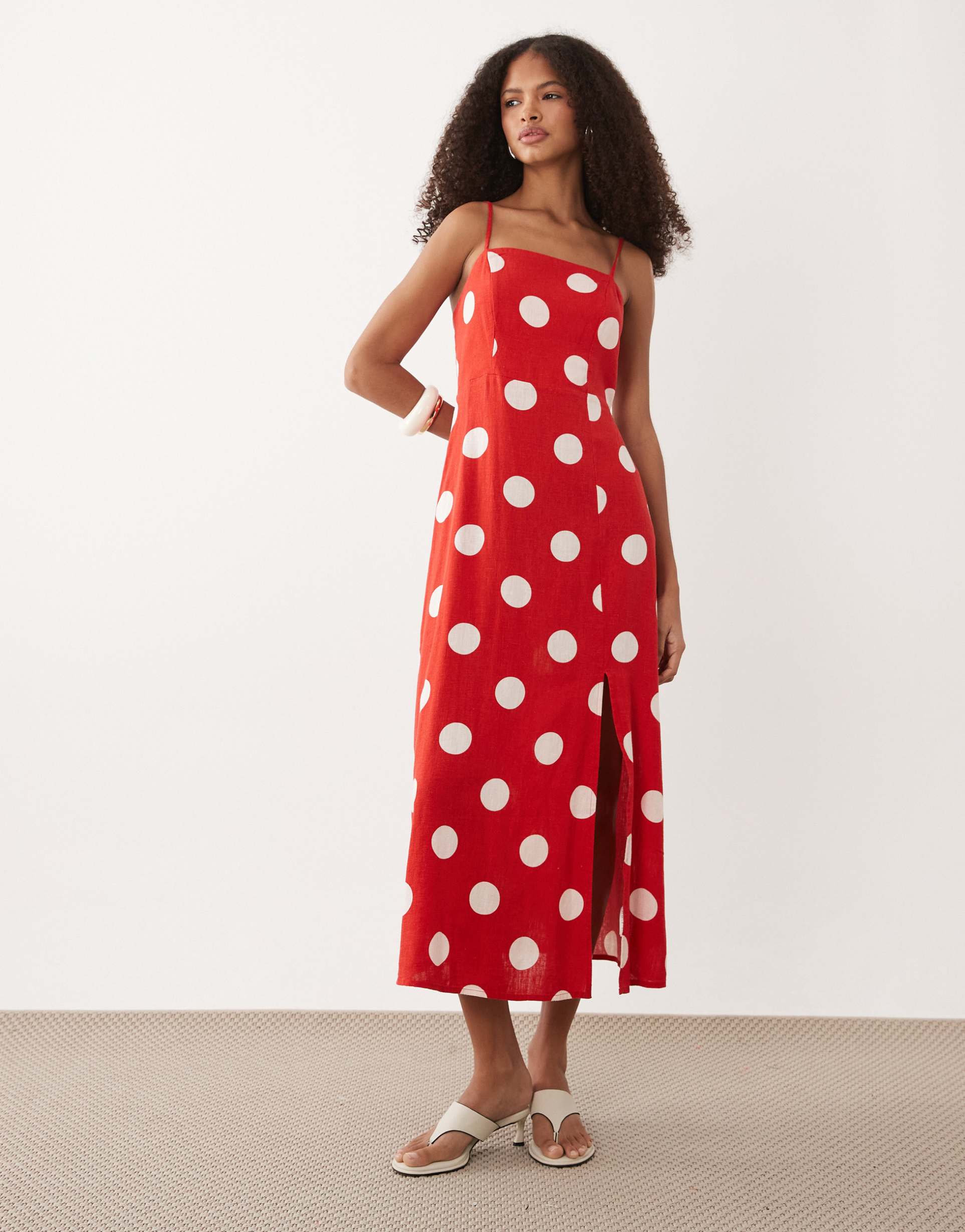 nobody's child maddy linen rich smocked back cami midi dress in red polka dots