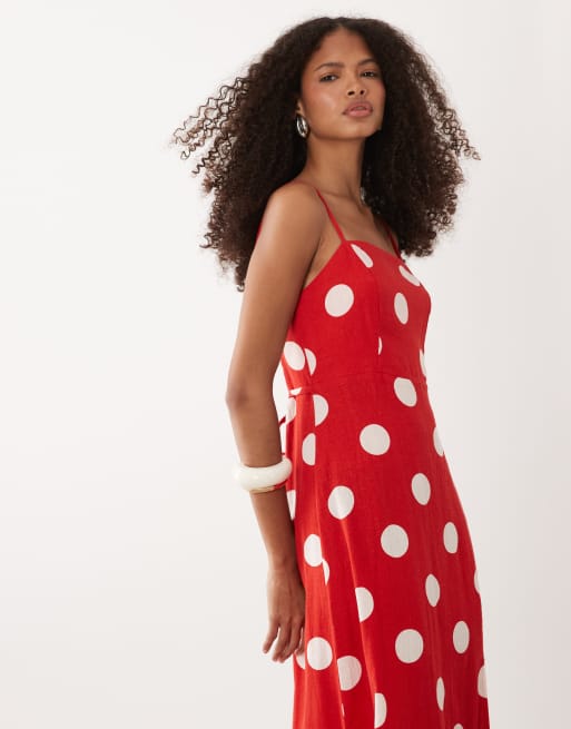 Nobody's Child - Maddy - Robe à pois mi-longue en lin mélangé avec smocks dans le dos - Rouge, 2 de 4