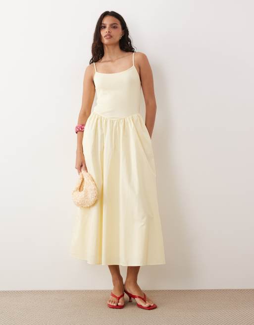 strapless open back dress Banana-Yellow Rib-Knit Asymmetric Midi Dress