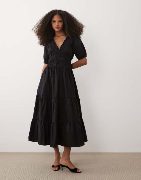 Nobody's Child Madison cotton v-neck puff sleeve midi dress in black - view 1