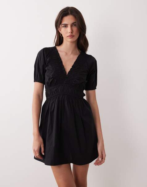 Nobody's Child Madison puff sleeve shirred cotton mini dress in black - view 1