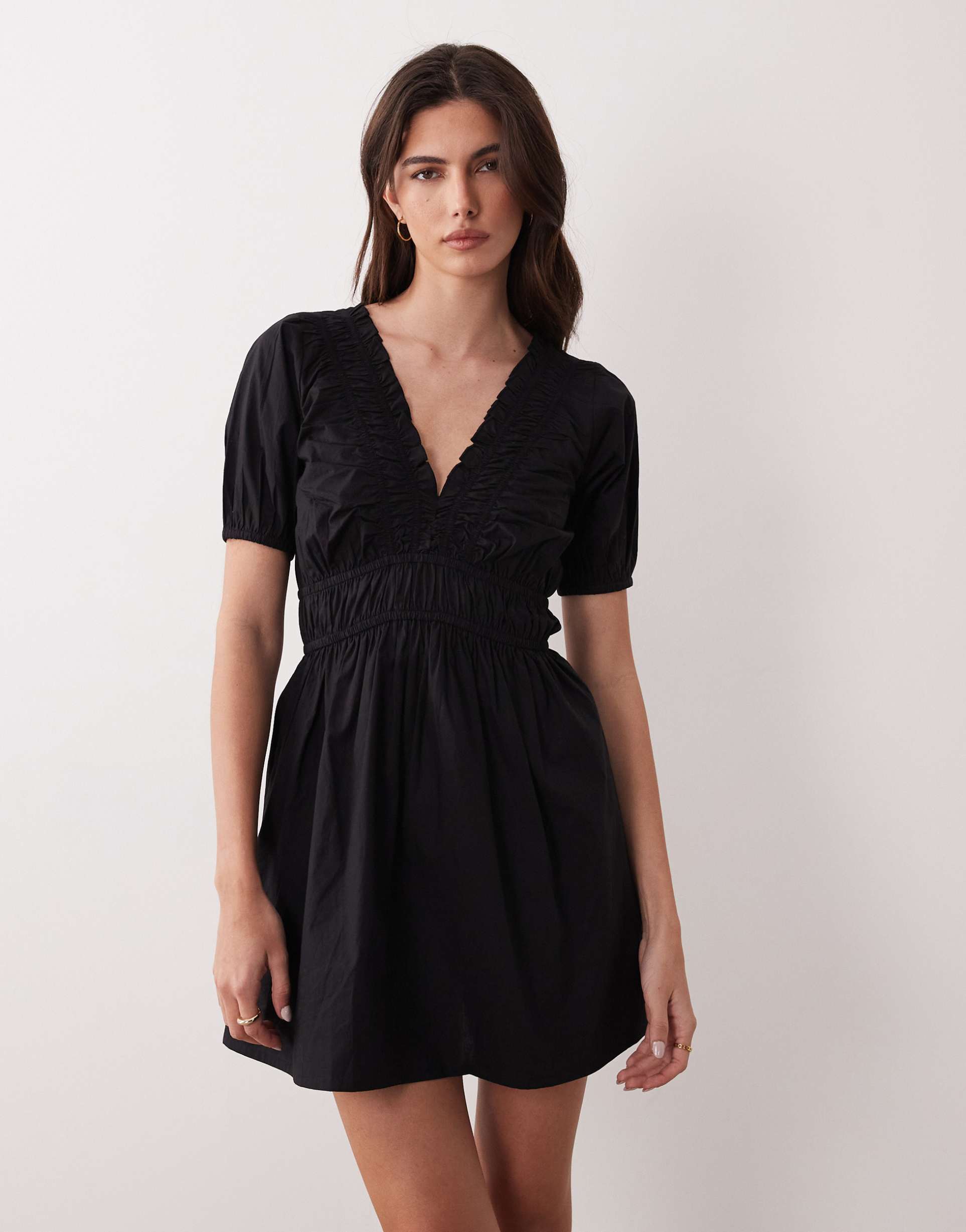 nobody's child madison puff sleeve shirred cotton mini dress in black