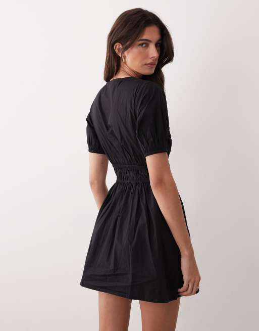 Nobody's Child - Madison - Robe froncée courte en coton à manches bouffantes - Noir, 3 de 4