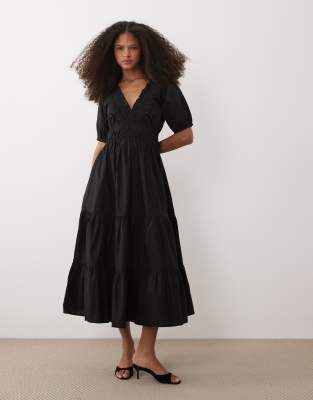 Madison - Robe mi-longue en coton à col V et manches bouffantes - Noir 42