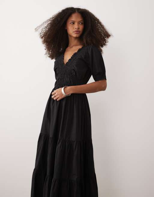 Nobody's Child - Madison - Vestito midi in cotone nero con scollo a V e maniche a sbuffo, 2 di 4