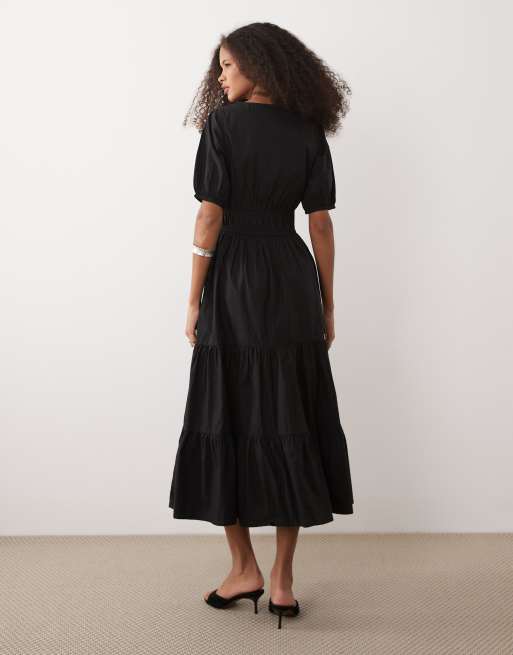 Nobody's Child - Madison - Vestito midi in cotone nero con scollo a V e maniche a sbuffo, 4 di 4
