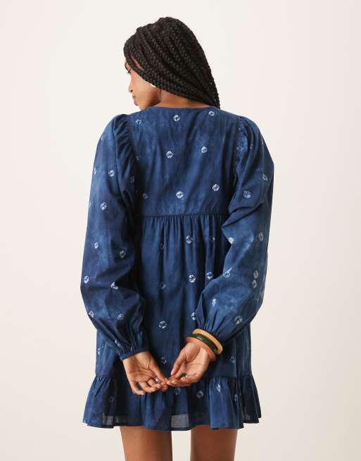 Nobody's Child Mae Tie-Detail Balloon Sleeve Mini Dress in Blue Print