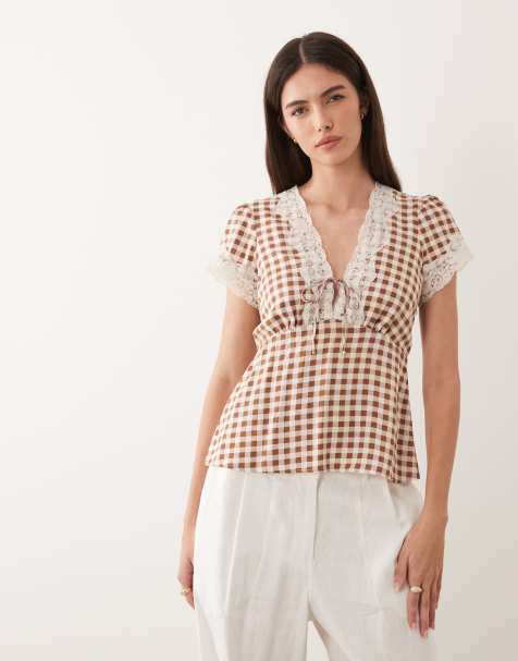 Nobody's Child Maeve v-neck lace trim short sleeve blouse in brown gingham - view 1