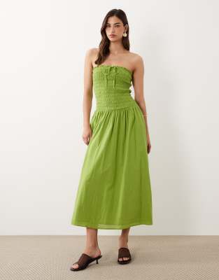Nobody's Child Mandy Cotton Bandeau Shirred Bodice Midi Dress In Green