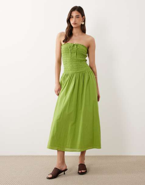 Nobody's Child Mandy cotton bandeau shirred bodice midi dress in green - view 1