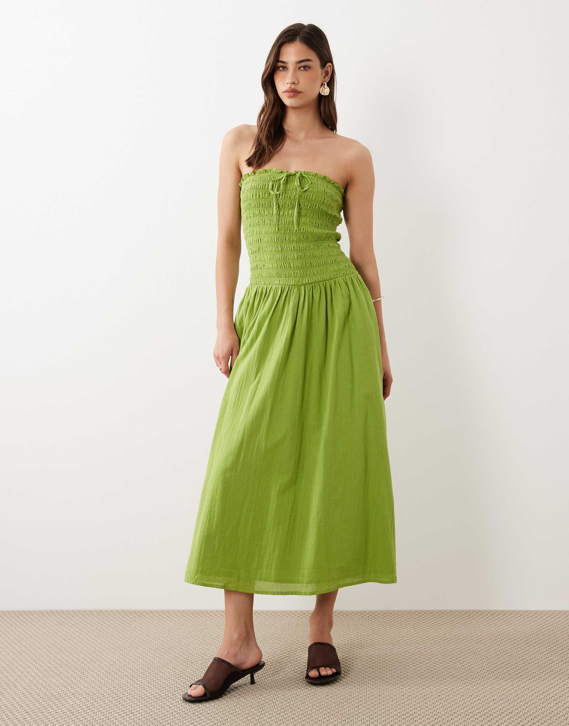 nobody's child mandy cotton bandeau shirred bodice midi dress in green
