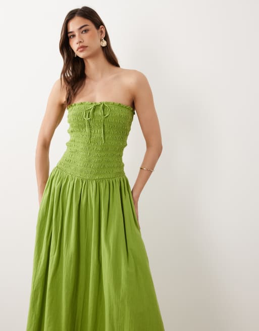 Nobody's Child – Mandy – Trägerloses Baumwoll-Midikleid in Grün mit gesmoktem Oberteil , 2 von 4