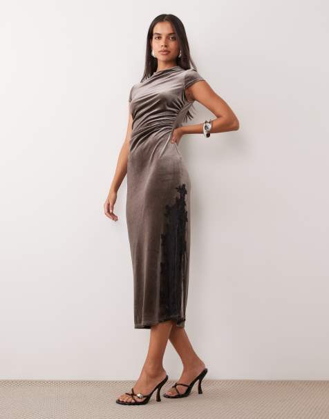 Nobody's Child Manon velvet high neck cap sleeve midi dress in taupe - view 1