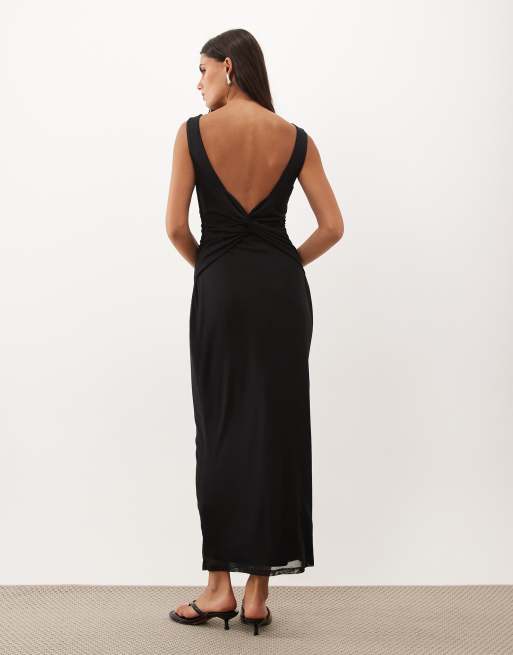Nobody's Child Margot mesh slash neck open back midi dress in black, 4 of 4