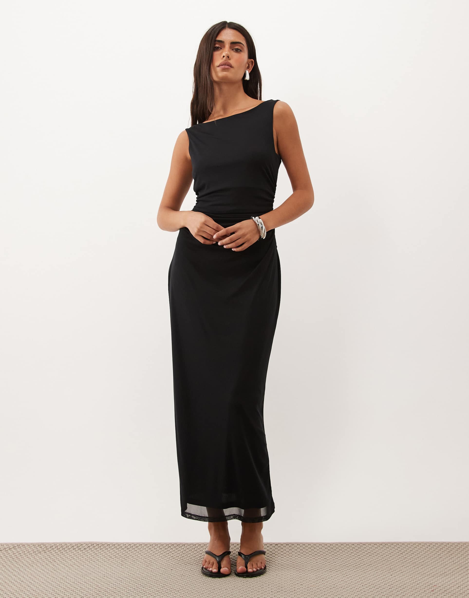 nobody's child margot slash neck open back mesh midaxi dress in black