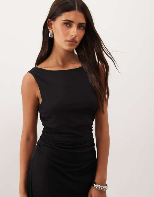 Nobody's Child Margot slash neck open back mesh midaxi dress in black, 2 of 4