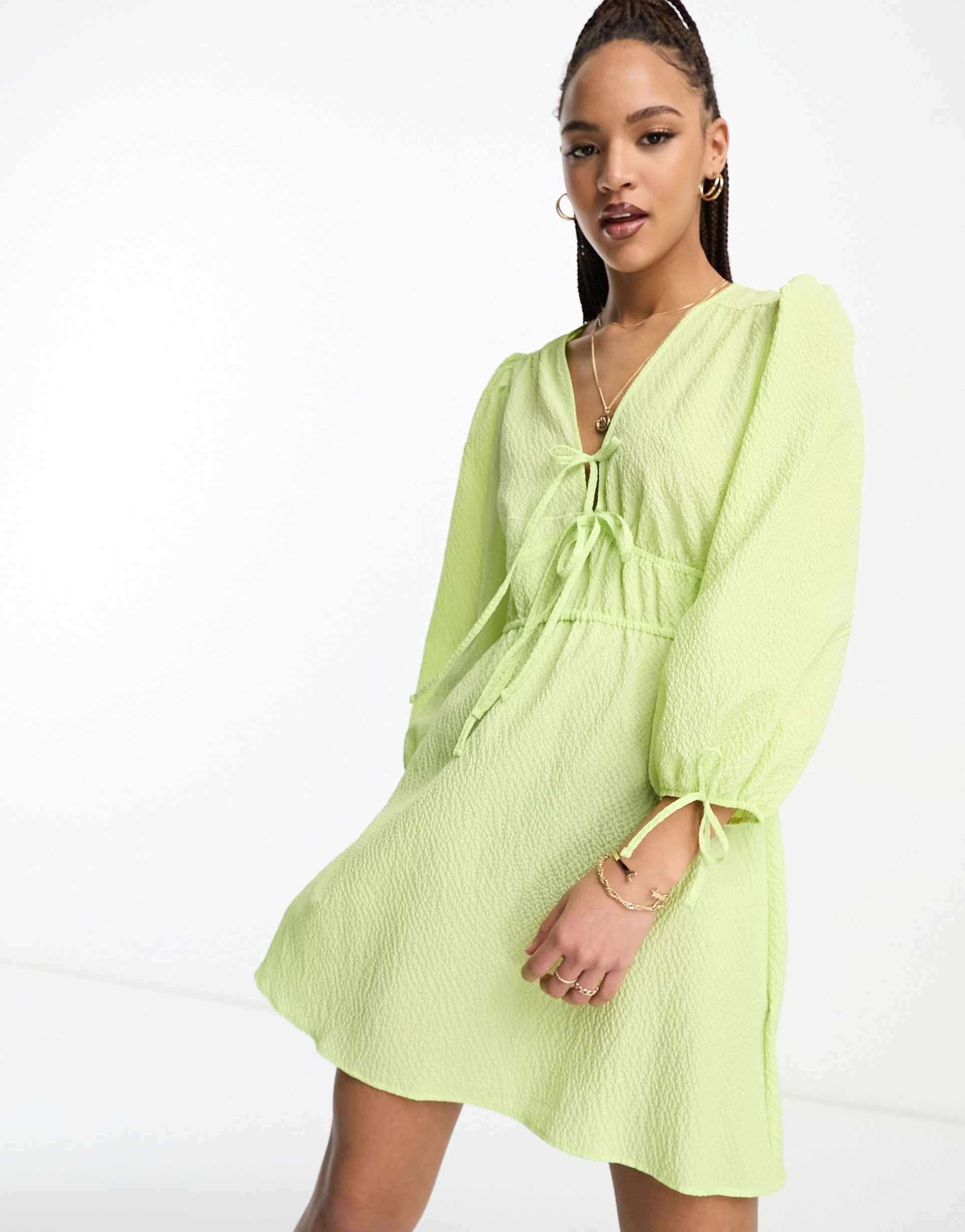 nobody's child margot tie sleeve mini dress in lime green