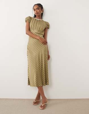Nobody's Child Marianna Scoop Neck Puff Sleeve Lace Trim Midi Day Dress In Gold