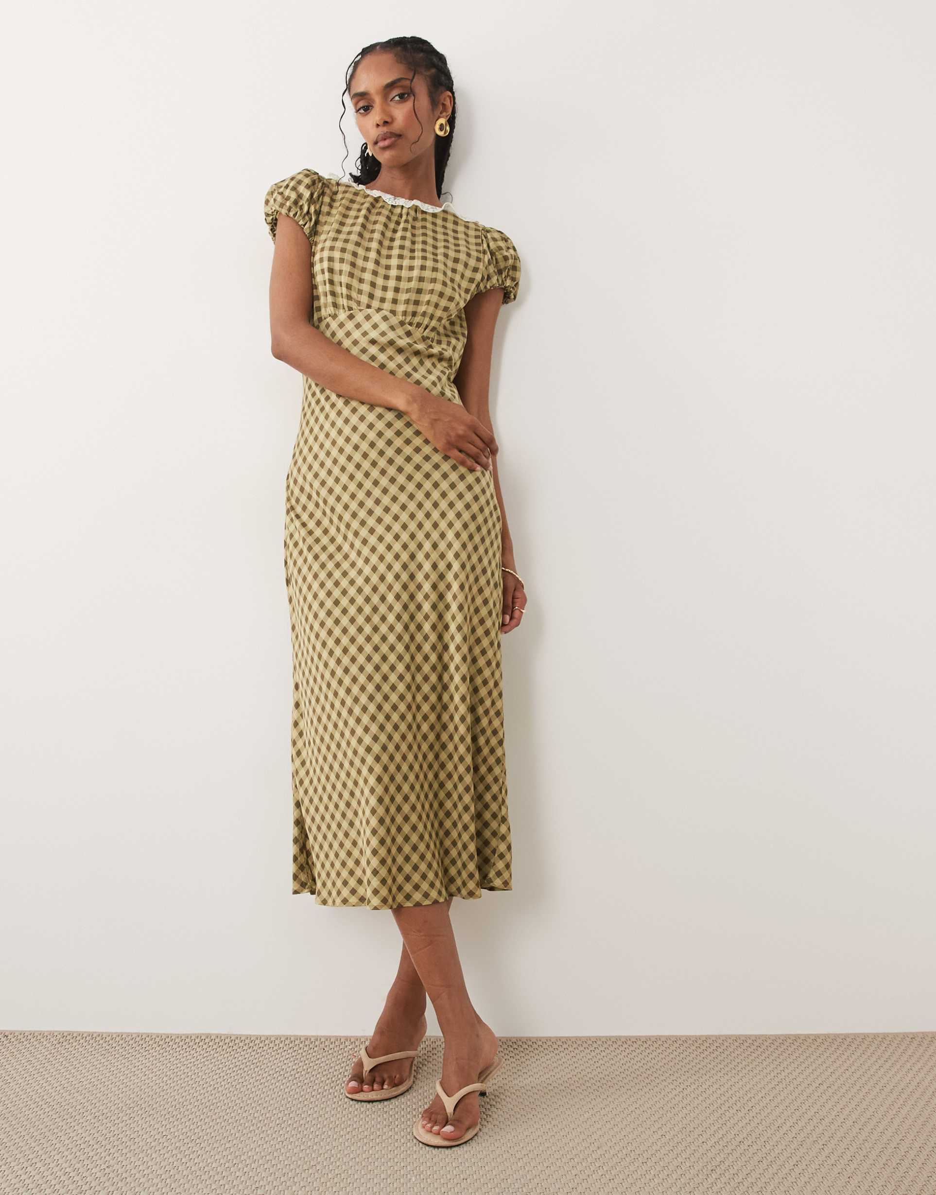 nobody's child marianna scoop neck puff sleeve lace trim midi day dress in green gingham