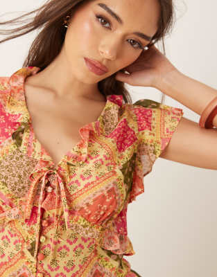 Nobody's Child Marigold ruffle detail top co-ord in tile print-Multi