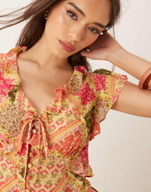 Nobody's Child Marigold ruffle detail top in tile print - part of a set