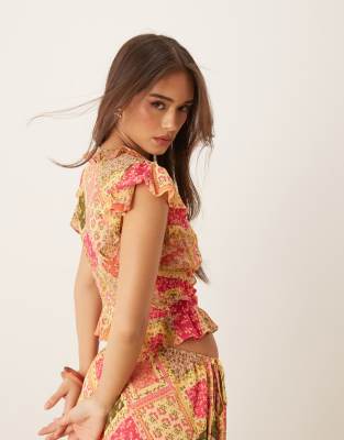 nobody's child marigold ruffle detail top in tile print - part of a set