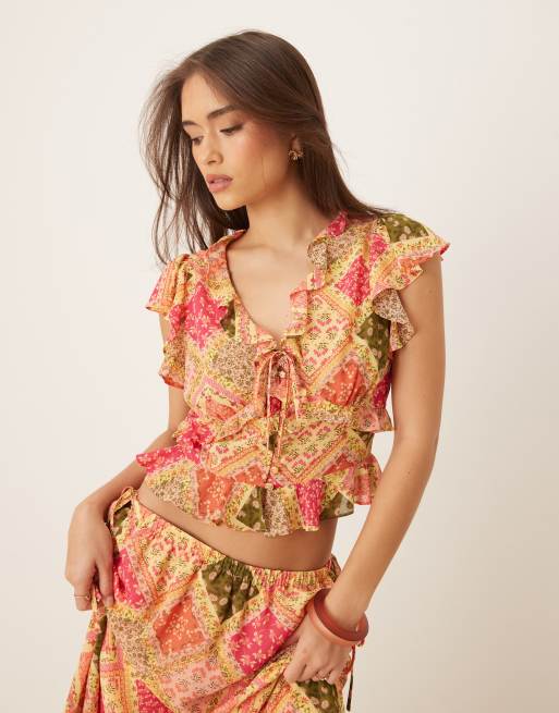 Nobody's Child Marigold ruffle detail top in tile print - part of a set