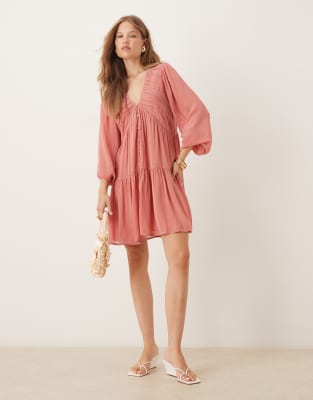 Nobody's Child Marley boho v-neck mini dress in dusky pink - view 1