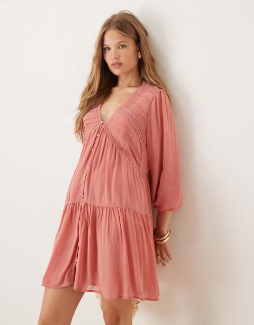 Nobody's Child - Marley - Robe courte style bohème à col V - Rose poudré, 4 de 4