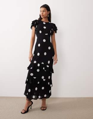 Nobody's Child - Marley - Robe longueur mollet à pois et volants - Noir