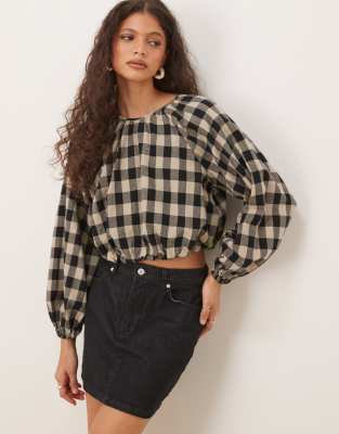 Marlice balloon sleeve linen look top in black and white gingham-Multi