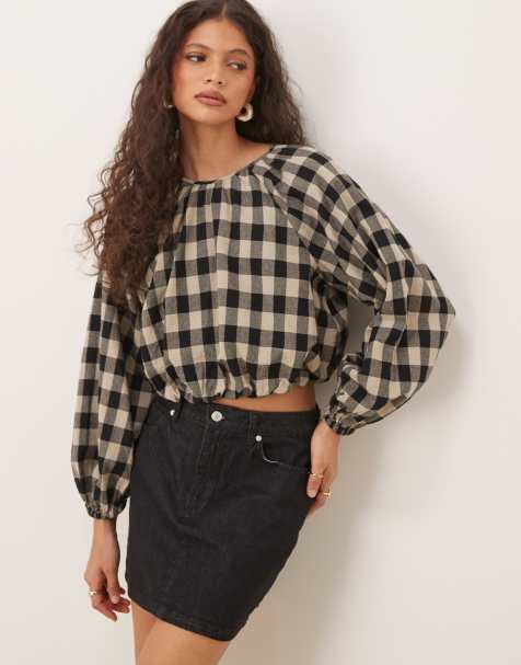 Nobody's Child Marlice balloon sleeve linen top in mono gingham - view 1