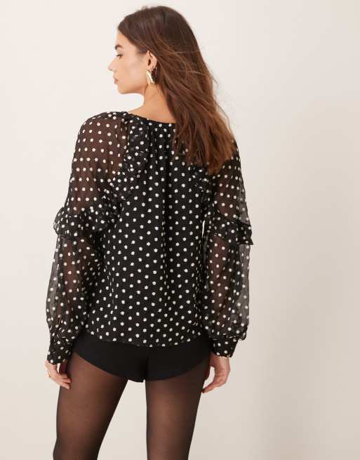 Nobody's Child Marlow ruffle blouse in black floral dot, 3 of 4