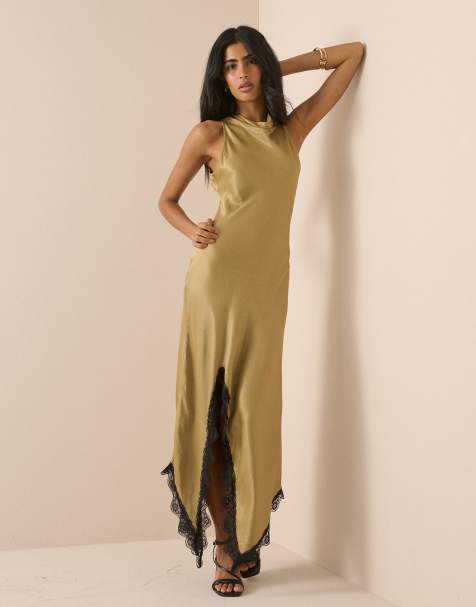 Nobody's Child Marta satin high neck sleeveless lace split hem maxi dress in olive - view 1