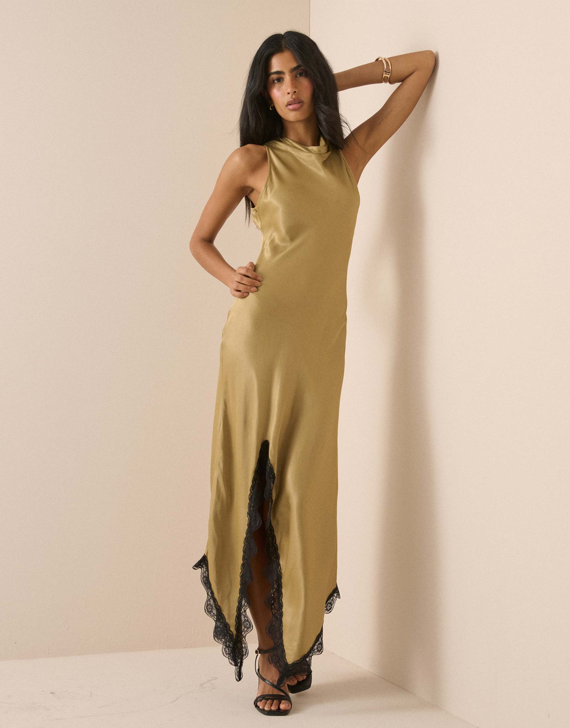 nobody's child marta satin high neck sleeveless lace split hem maxi dress in olive