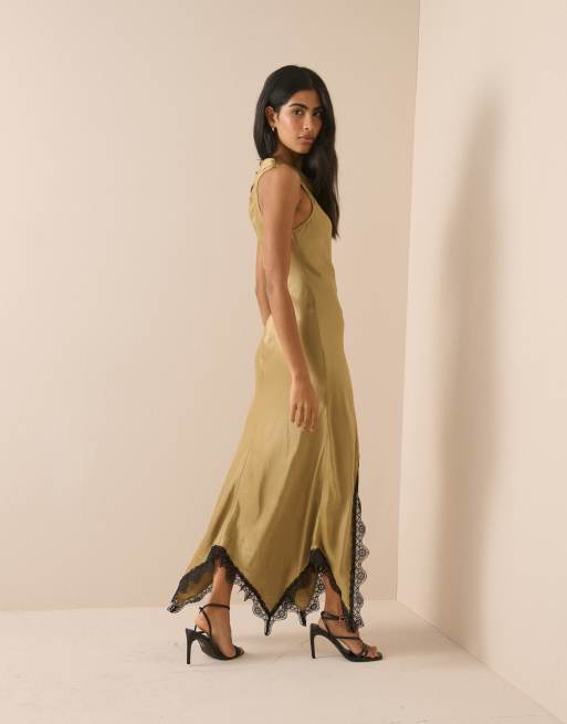 Nobody's Child Marta satin high neck sleeveless lace split hem maxi dress in olive, 3 of 4