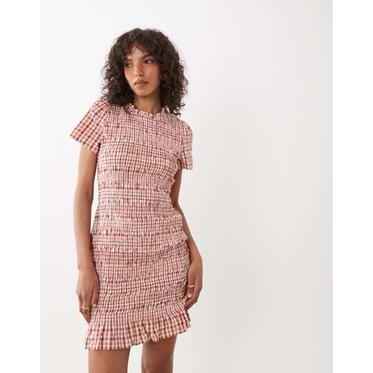 Nobody's Child Martha high neck short sleeve frayed hem Cotton mini dress in Pink Gingham