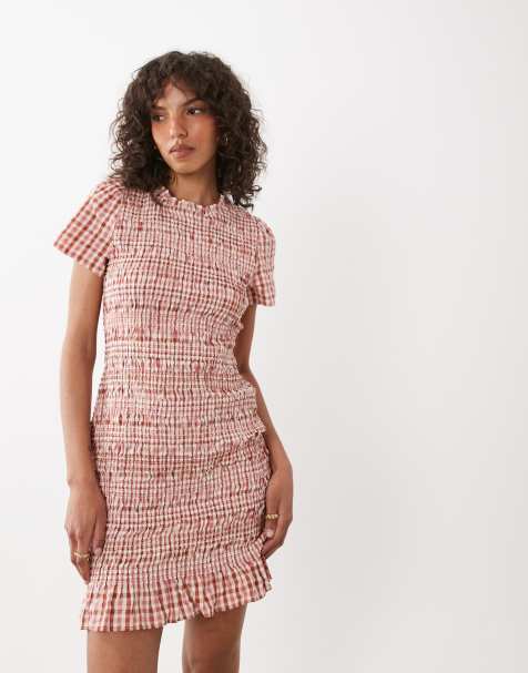 Nobody's Child – Martha – Hochgeschlossenes, kurzärmliges Minikleid aus Baumwolle mit Vichykaromuster in Rosa und Rüschensaum - view 1