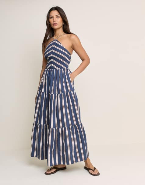 Nobody's Child Martina cotton shirred bodice halter neck tiered skirt midi dress in blue stripe - MBLUE - view 1