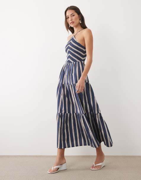 Nobody's Child Martina cotton shirred bodice halterneck tiered skirt midi dress in blue stripe - view 1