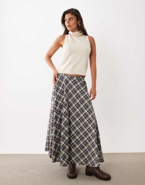 Nobody's Child Martino cotton mid rise full circle maxi skirt in beige and blue check - view 1