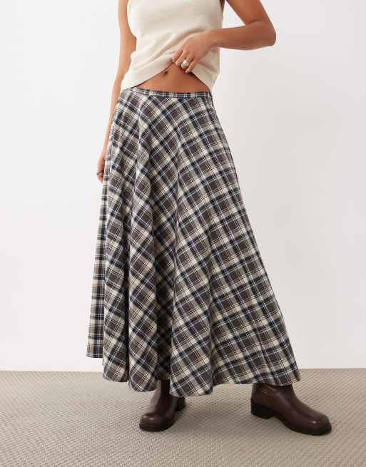 Nobody's Child Martino cotton mid rise full circle maxi skirt in beige and blue check, 2 of 5