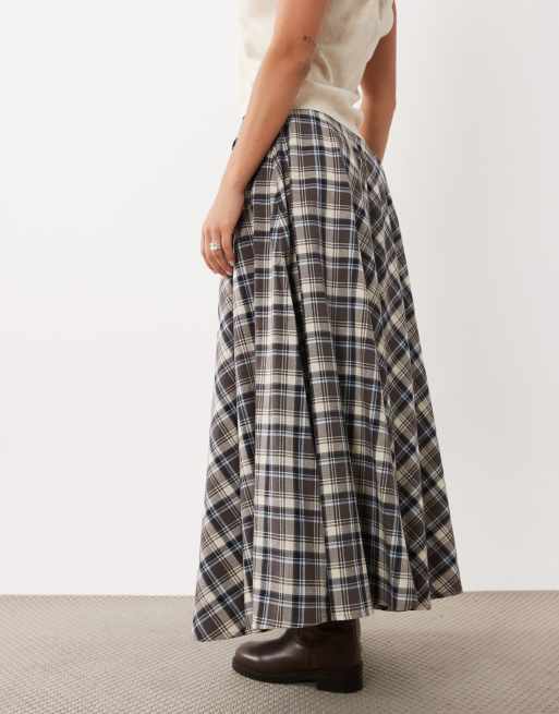 Nobody's Child Martino cotton mid rise full circle maxi skirt in beige and blue check, 3 of 5
